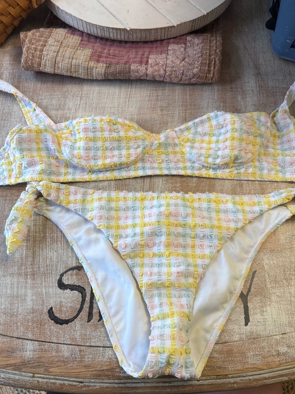 Gianni Bini Yellow White Pastel Plaid Bikini Set
